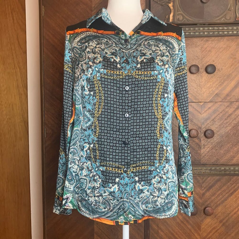 Blue Paisley Chain Button Up Blouse XL Vintage